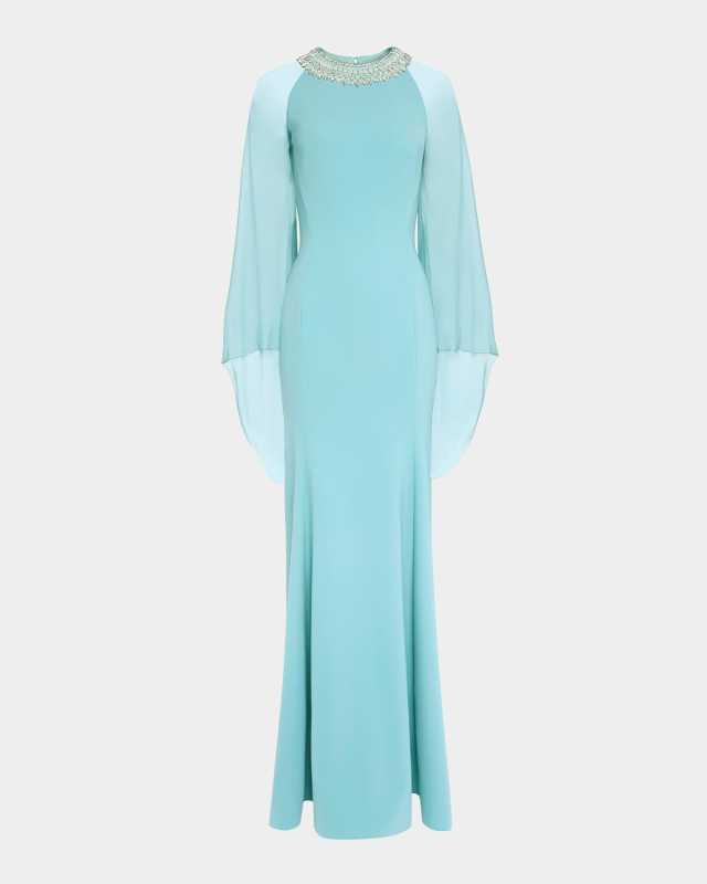 Charma Crystal-Neck Flare-Sleeve Gown